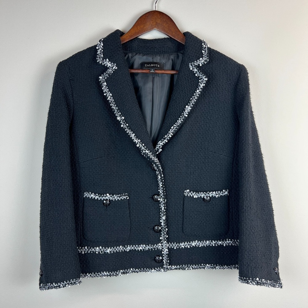 Talbots Tweed Blazer Jacket Womens 14 Black Buttons Classic Preppy Office Career